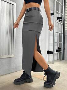 SHEIN PETITE 女士純色高開叉裙