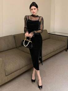 Của phụ nữ Đứng cổ áo Ren Áo & Nhung Dây đeo Mì Ý  Đầm Với Cái nĩa cao Hem Bộ - màu đen - Xem 1