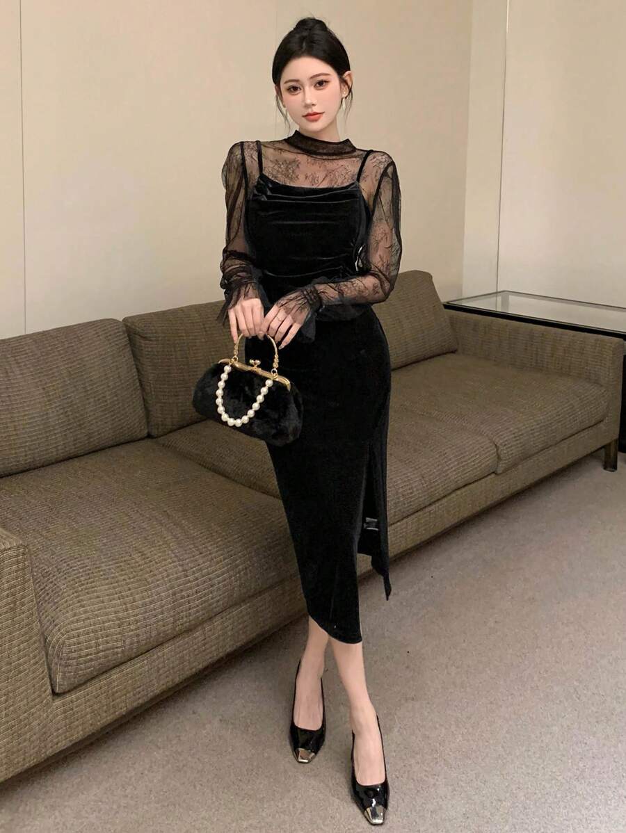 Của phụ nữ Đứng cổ áo Ren Áo & Nhung Dây đeo Mì Ý  Đầm Với Cái nĩa cao Hem Bộ - màu đen - Xem 1