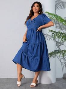 Breezaya Kích thước lớn Ngắn tay Đầm Denim Với Chi tiết nút thắt - Màu xanh lam - Xem 5