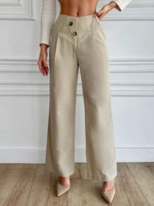 RueChic Solid Color Wide-Leg Pants With Button And Slanted Pockets