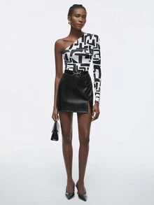 Maija Women'S Geometric Print One Shoulder Long Sleeve Bodysuit - Black and White - View 5