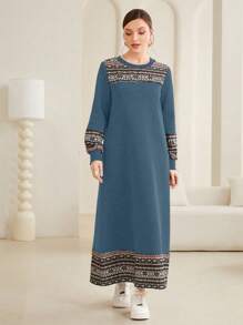 Lacomfia 女士幾何印花拼接毛絨長毛衣 - 藍色 - 查看 6