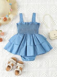 SHEIN 兒童女孩休閒復古優雅純色連身衣,適合 - 藍色 - 查看 2