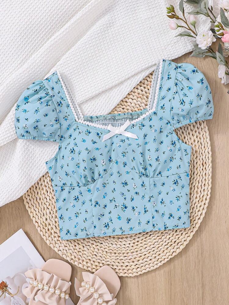 Teen Girls' Woven Floral Patchwork Lace Bowknot Puff Sleeve Blouse
