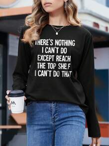 SHEIN LUNE Women's Slogan Print Round Neck Long Sleeve T-Shirt - Black - View 1