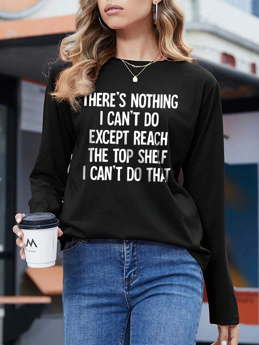 SHEIN LUNE Women's Slogan Print Round Neck Long Sleeve T-Shirt - Black - View 1