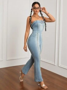 SHEIN ICON Off-shoulder Denim Áo liền quần Với Pháo sáng Chân , Phong cách Vintage Và Denim mùa giặt - Rửa trung bình - Xem 4