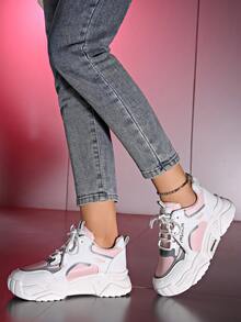 Women's White & Pink Patchwork Sneakers, Thick Sole Sport Shoes With Letter Decorated Lace - Multicolor - View 4