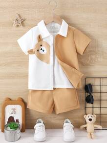 SHEIN 男童可愛學院風拼色短袖上衣套裝,適用於夏季 - 卡其色 - 查看 1