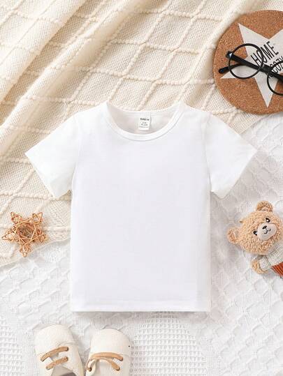 SHEIN تي شيرت بياقة مستديرة بأكمام قصيرة لون أحادي كاجوال للبنات الصغار، مناسب للصيف