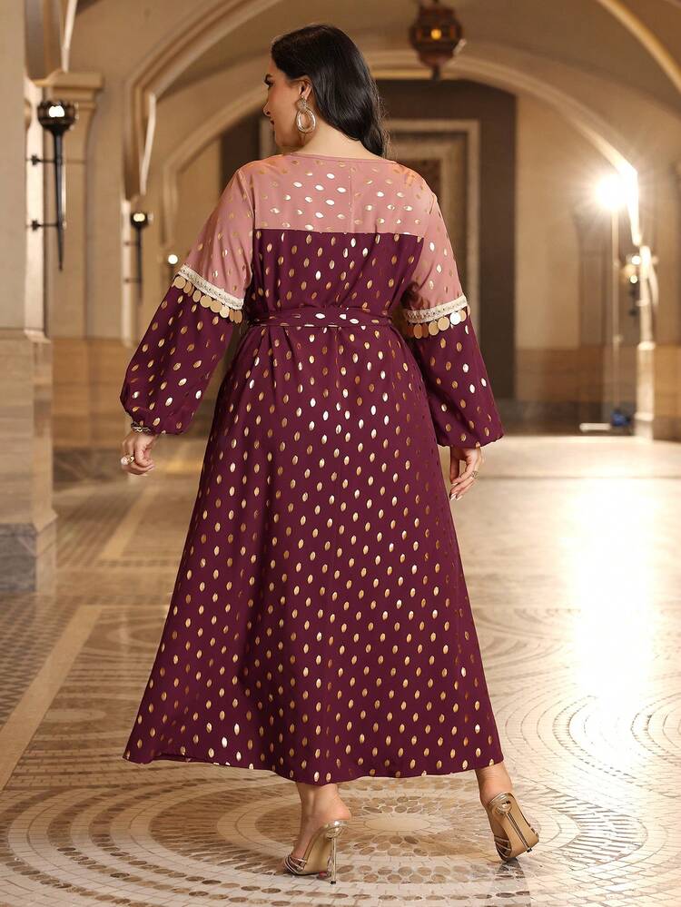 Burgundy Red Plus Size Women's Arabic Clothing With Gold Polka Dot Design And Waistband Kaftan Jalabiya Dress