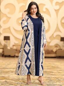 Al Najma Plus Size Geometric Print Jacket And Drawstring Dress Two Pieces Set 2 Pieces Set