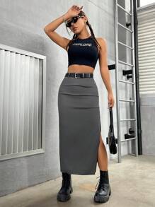 SHEIN PETITE 女士純色高開叉裙