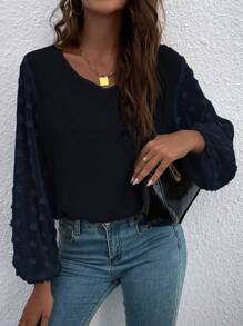 SHEIN LUNE V領提花燈籠袖襯衫 - 藏蓝色 - 查看 6