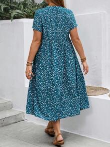 EMERY ROSE Vestido floral con cuello en V, detalles de botones y estampado delicado para mujer de talla grande, primavera y verano