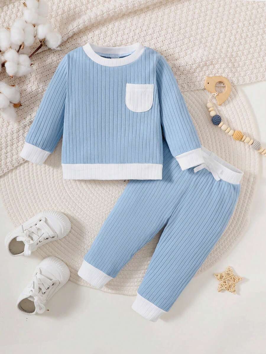 SHEIN Conjunto De Dos Piezas Ribeteado De Punto Acanalado Para Bebé Niño Con Bloques De Color - Celeste - Ver 1