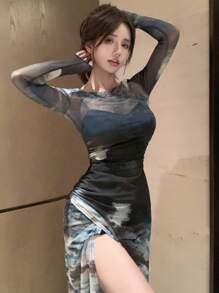 DAZY Vestido de manga larga con abertura y bajo de malla con efecto tie-dye, vestido casual para mujer, vestido de otoño