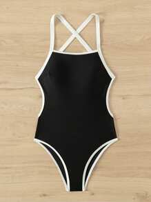 SHEIN Swim 夏季女士连体泳衣，带裹边、细肩带，嘉年华 - 黑與白 - 查看 7