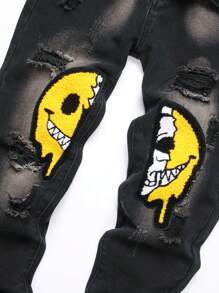 Teenage Boys' Stylish Patch Embroidered Ripped Jeans