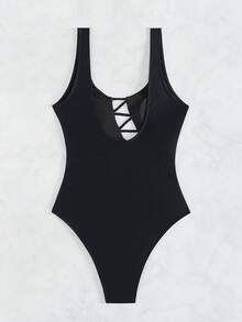 Traje De Baño De Una Pieza Recortado Para Dama, Color Sólido - Negro - Ver 4