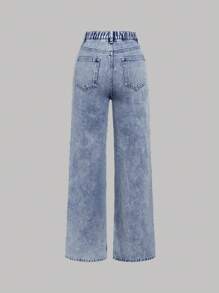 SHEIN Girlism Jeans Rasgados Con Estampado De Letras De Dibujos Animados Para Adolescente - Azul lavado medio - Ver 2