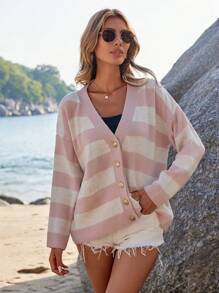 EURMUSE Striped Pattern Drop Shoulder Cardigan - Multicolor - View 4