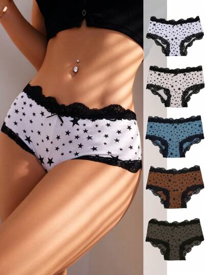Eraneu 5pcs Star Print Lace Trim Bow Front Boyshorts Bow Tie