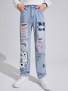 SHEIN Gestickte Buchstaben Jeans Mit Geradem Schnitt Und Samt-futter Für Männer Und Teenager
