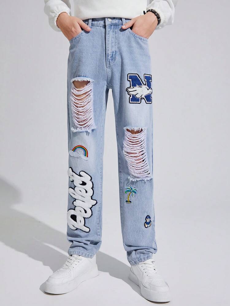 Men's Teenagers' Embroidered Letter Ripped Straight Jeans With Velvet Inside