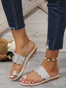 Women's 2024 Summer New Korean Flat Heel Slide Sandals With Rhinestone & Open Toe - Silver - View 5