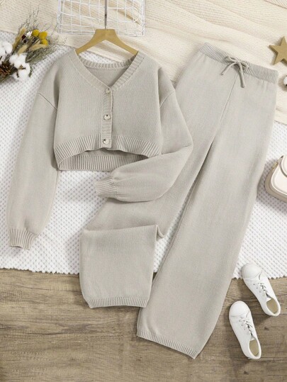 Tween Girls' Fashionable Simple Knitted Cardigan And Pants Set