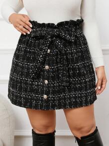 SHEIN Frenchy Women's Plus Size Button Detail Paperbag Waist Skirt - Black - View 1