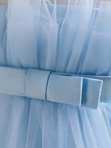 SHEIN Glamorique Kids 女童無袖多層網紗高低不規則裙蓬公主裙，適用於生日派對或婚禮花童 - 淺藍色 - 查看 6