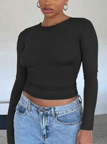 SHEIN Plus Size Women's Round Neck Long Sleeve Cropped T-Shirt