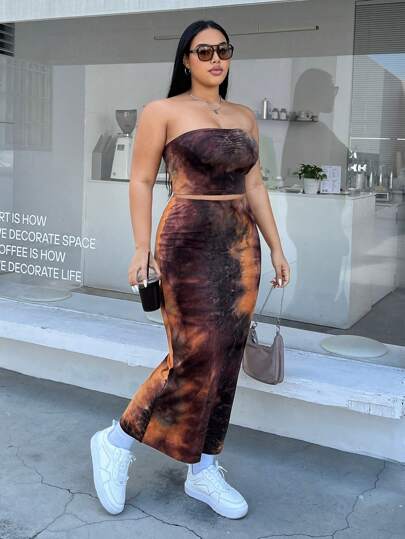 SHEIN EZwear Tie Dye加大碼抽繩筒上衣和裙子套裝