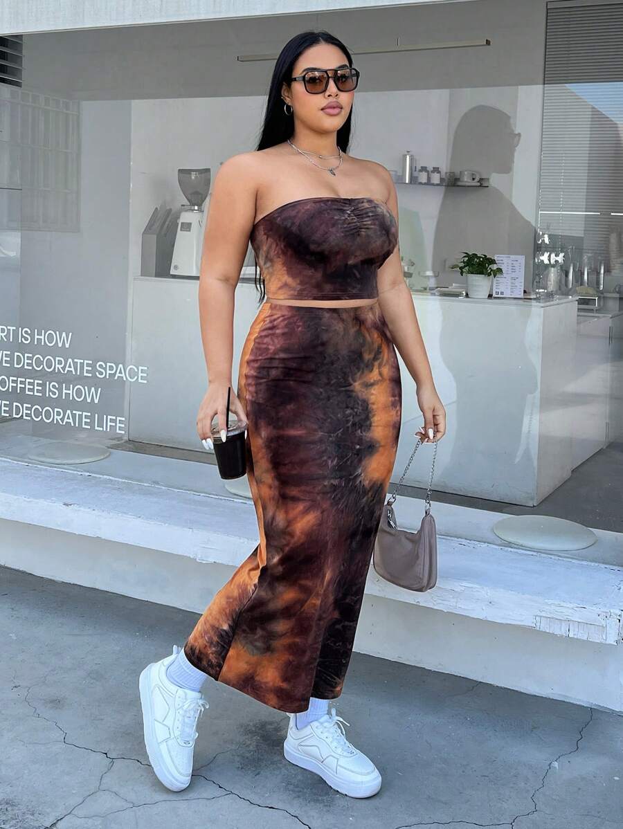 SHEIN EZwear Plus Tie Dye Crop Tube Top & Skirt - Multicolor - View 1