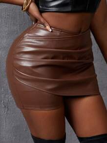 Slaydiva Của phụ nữ Bọc Phong cách Xếp li Da giả Skorts - màu nâu - Xem 3