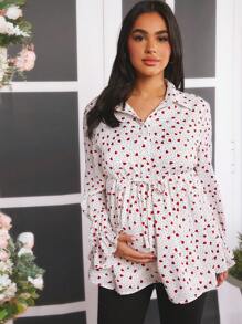 SHEIN Maternity Heart & Polka Dot Pattern Printed Shirt - White - View 4