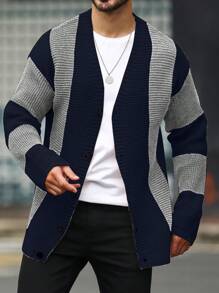 男士色塊落肩休閒針織開襟插肩衫 - 彩色 - 查看 1