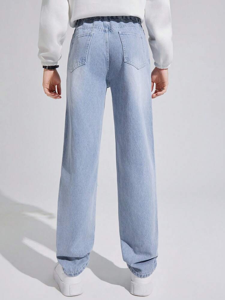 Men's Teenagers' Embroidered Letter Ripped Straight Jeans With Velvet Inside