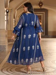 Al Najma Plus Size Embroidered Flare Sleeve Wrap Belted Dress Kaftan Jalabiya Dress - Blue - View 2