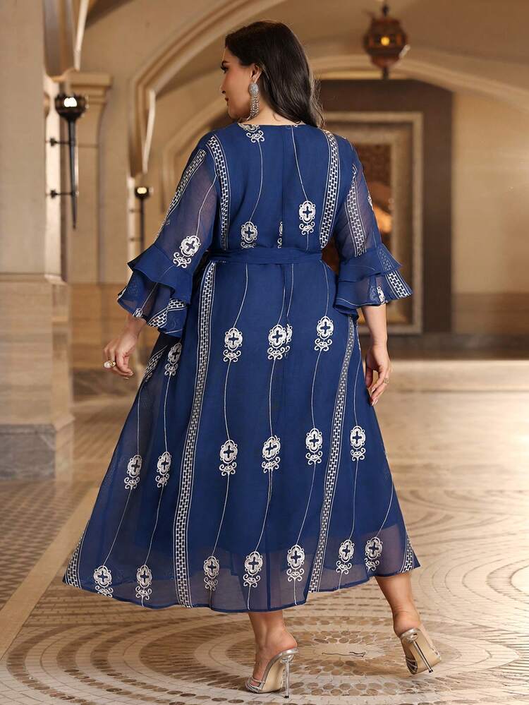 Plus Size Embroidered Flare Sleeve Wrap Belted Dress Kaftan Jalabiya Dress