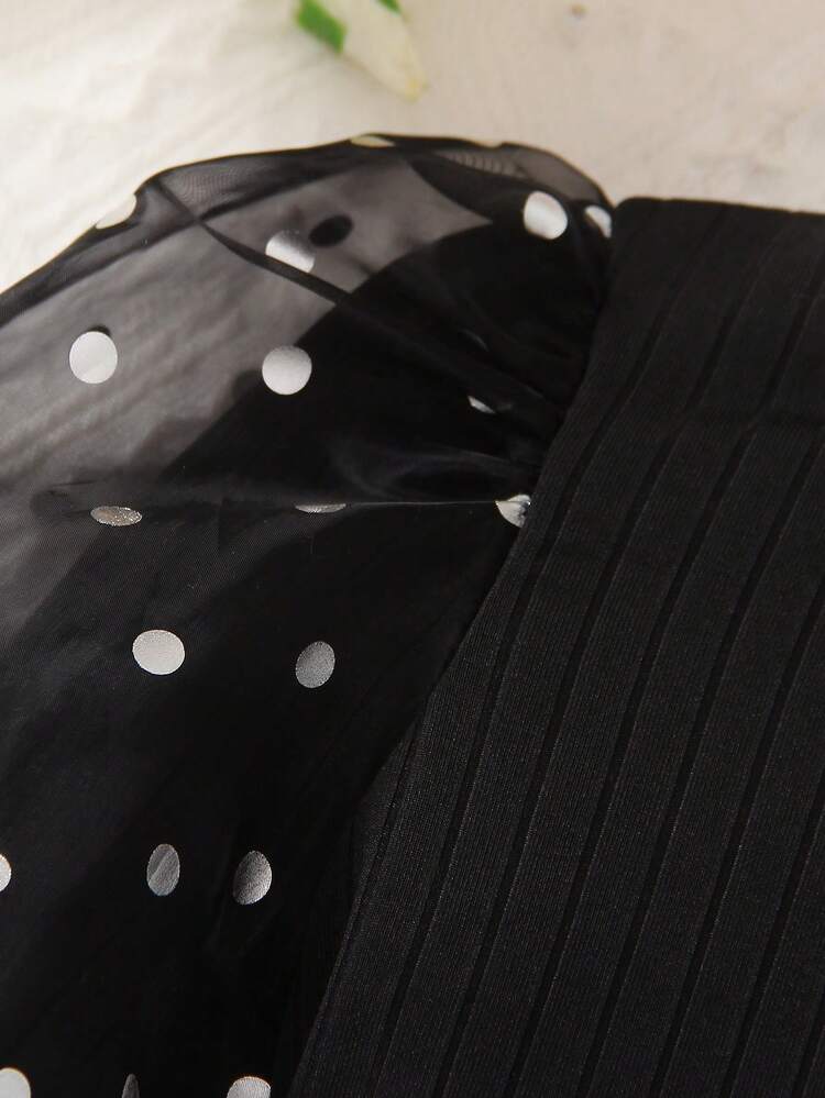 Little Girls' Mesh Polka Dot Print Patchwork Top And Glitter Skirt