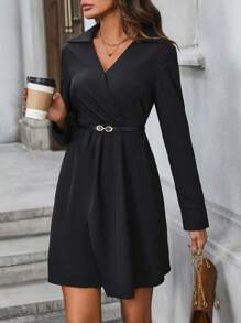 SHEIN Clasi Women's Solid Color Wrap Dress - Black - View 4