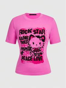 ROMWE Avant Áo thun kiểu dáng thay thế chữ & in hình động vật Slim Fit ROCK STAR GAME OVER KIỂM TRA TÌNH YÊU HÒA BÌNH - Màu Hồng Tươi - Xem 1