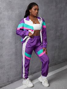 Slaydiva 女款拼色前拉鍊夾克和褲子兩件套 - 彩色 - 查看 4