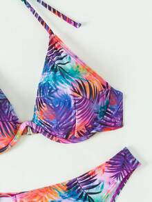 SHEIN Swim 女士熱帶印花綁頸比基尼套裝，嘉年華風 - 彩色 - 查看 3
