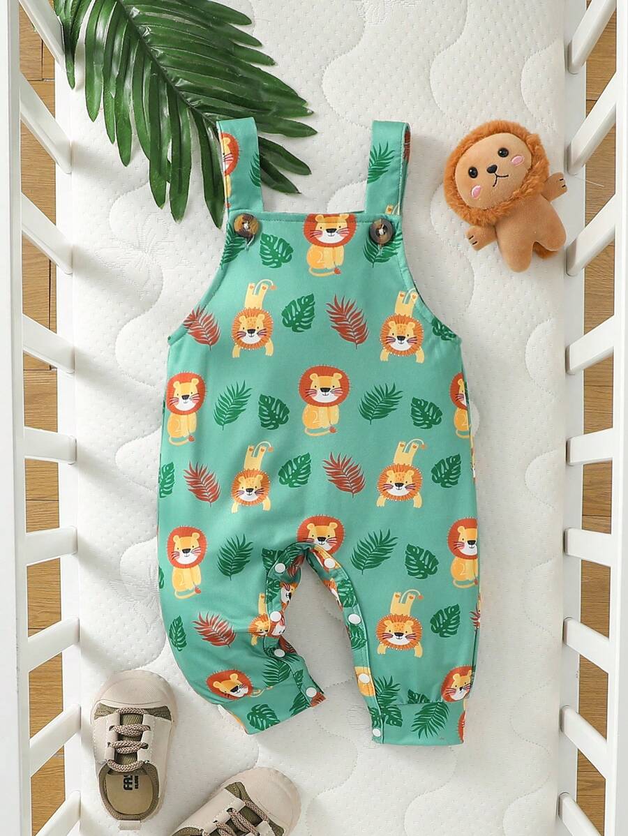 寶寶男童可愛卡通動物印花背帶褲,休閒寬鬆連身褲,適用於春/夏假期 - 彩色 - 查看 1