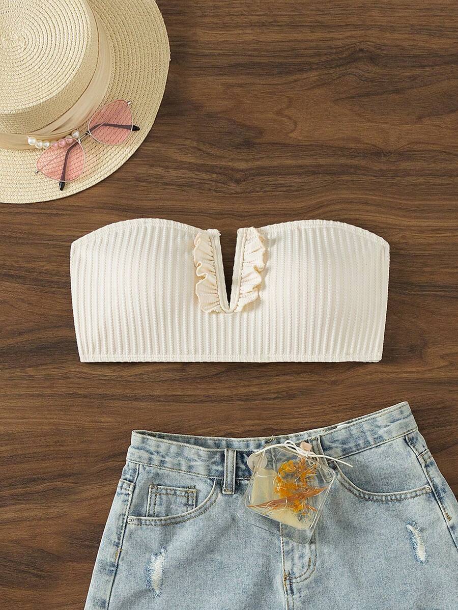 SHEIN Swim Women's Strapless Bikini Top Beach Tops - Apricot - View 1